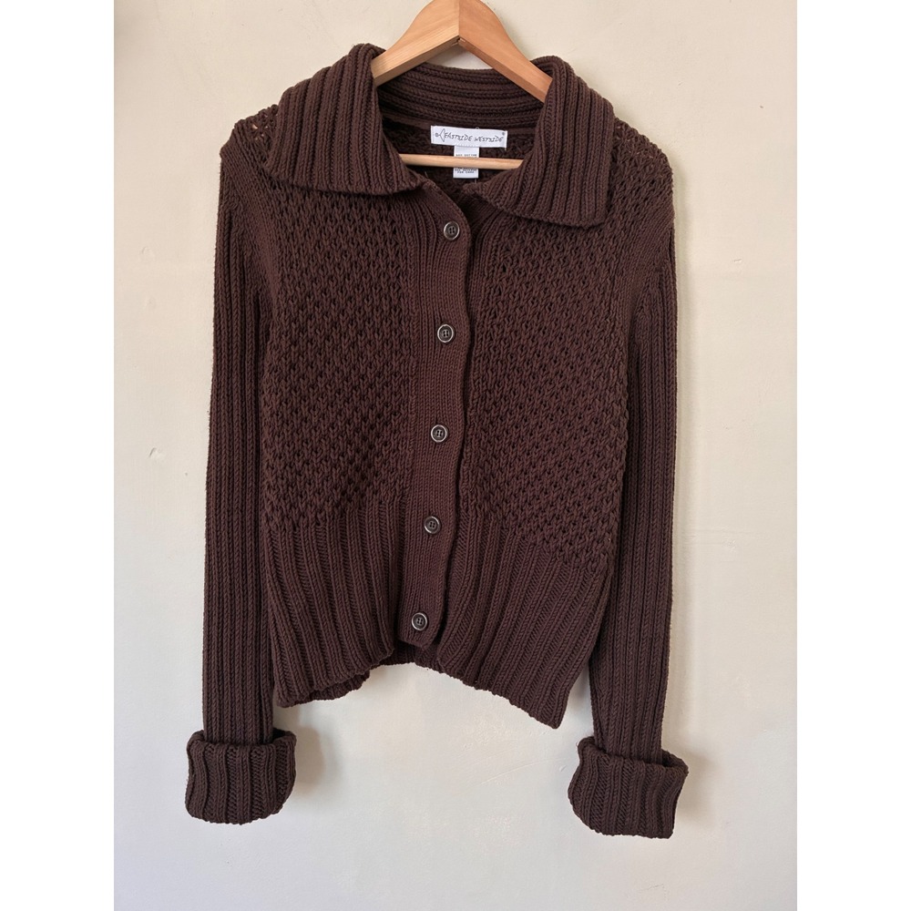 Eastside Westside Brown Pointelle Knit Button Cardigan Sweater Dark Academia XL